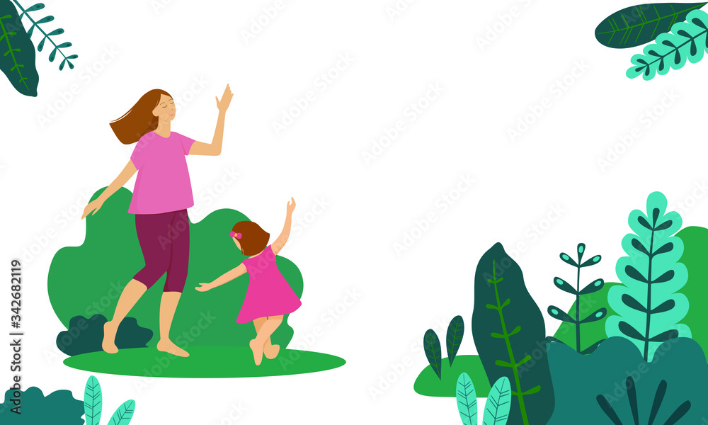 Fototapeta premium Mother and child dance. Vector illustration with a woman and daughter surrounded by leaves, space for text. Template for a postcard, banner, or poster.