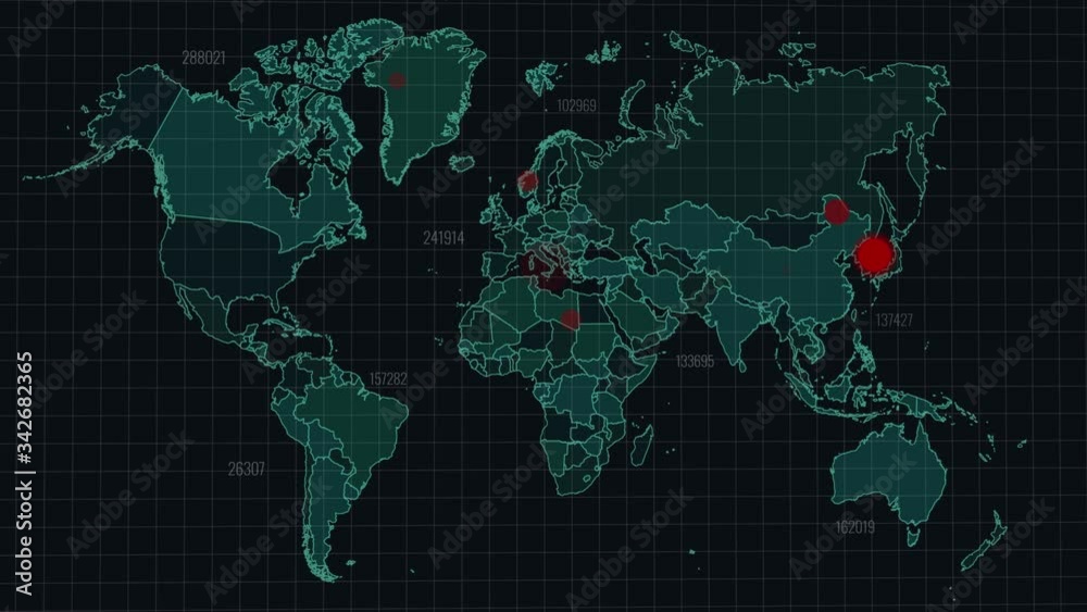 Motion graphics world map of a Corona virus COVID-19 pandemic outbreak showing hot spots and numbers data. Suitable for mapping outbreaks of diseases and epidemics.30 seconds version with sligh angle. Motion graphics world map of a Corona virus COVID-19 pandemic outbreak showing hot spots and numbers data. Suitable for mapping outbreaks of diseases and epidemics.30 seconds version with sligh angle.