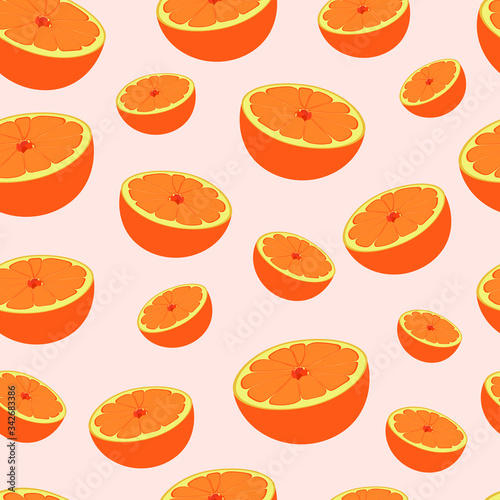 Bright seamless pattern with half an orange on a beige background. Citruses print on clothes and wrapping paper, notebooks and more.