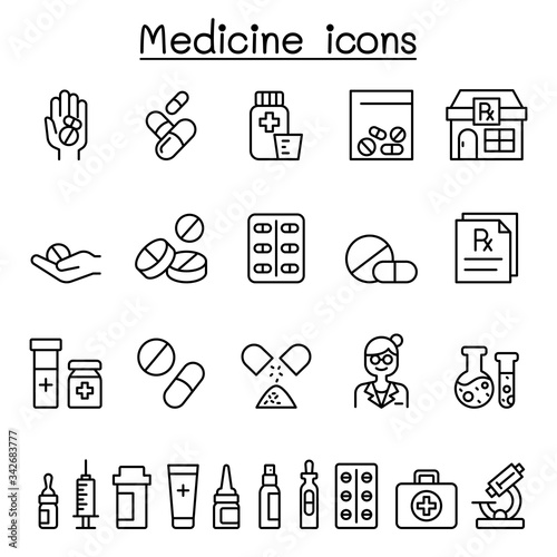 Set of medical drug related vector line icons. contains such Icons as, pill, tablet, syringe, pharmacy, drugstore, capsule, prescription, pharmacist and more.