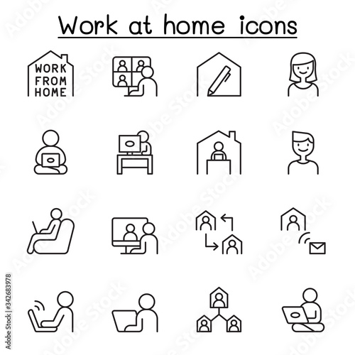 Set of Work at home line icons. contains such Icons as, business people, video conference, online meeting, business people, freelance, stay home campaign and more.