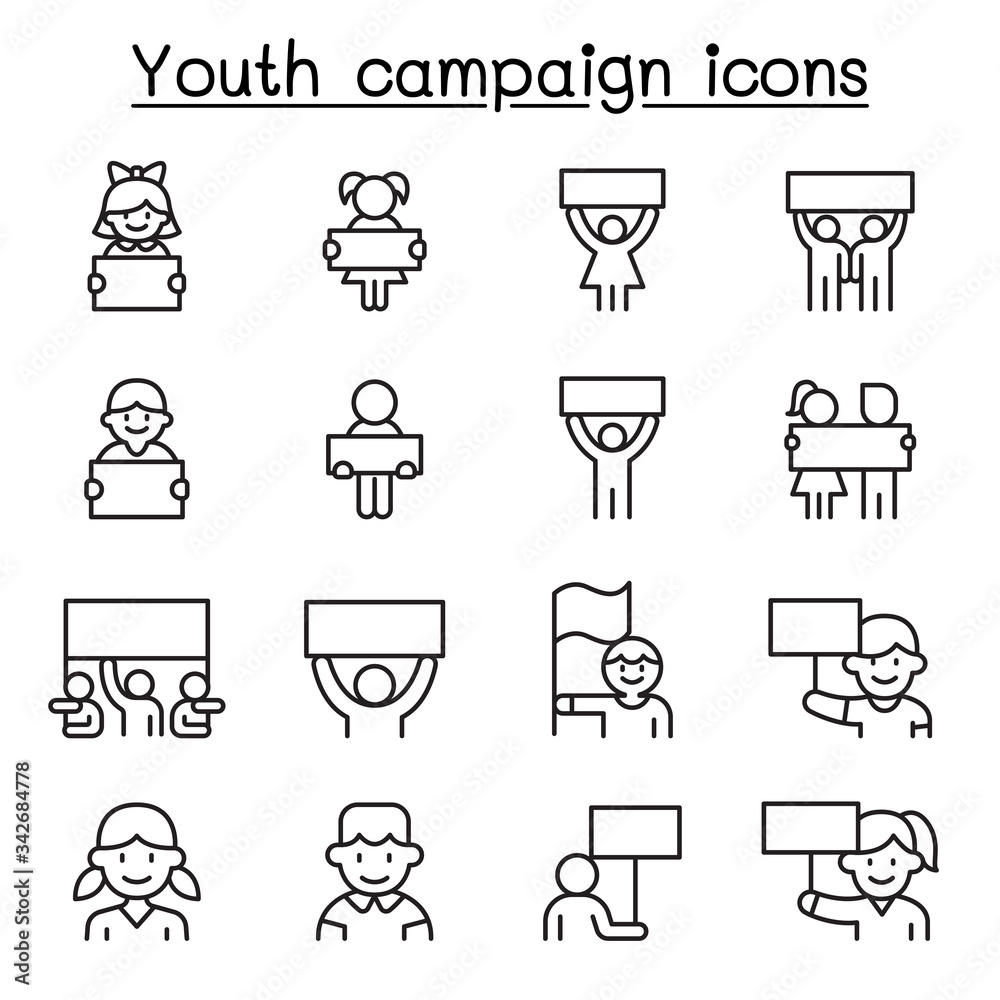 Youth campaign related vector line icons. contains such Icons as banner, placard, advertising, teen, protest, demand, boy, girl, poster, youth day and more. Youth campaign related vector line icons. contains such Icons as banner, placard, advertising, teen, protest, demand, boy, girl, poster, youth day and more.