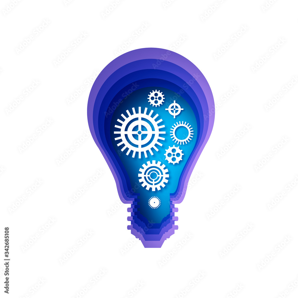 Bulb shape. Origami layered Electric bulb. Light bulb and cogs inside. Origami Electric bulb with gears and cogs working together. Business idea. Teamwork. Strategy. Cooperation. Blue. Bulb shape. Origami layered Electric bulb. Light bulb and cogs inside. Origami Electric bulb with gears and cogs working together. Business idea. Teamwork. Strategy. Cooperation. Blue.