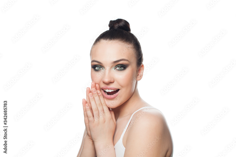Happy surprised woman isolated on white, portrait Happy surprised woman isolated on white, portrait