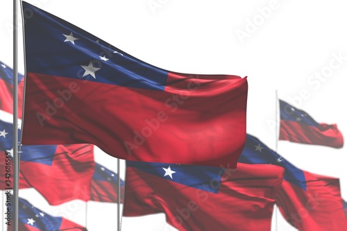 wonderful celebration flag 3d illustration. - many Samoa flags are waving isolated on white - image with soft focus