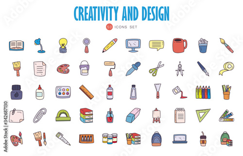 50 Creativity and design fill style icon set vector design