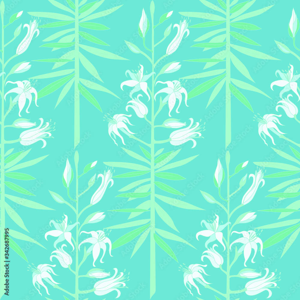 Seamless colored blue background with white flowers of lilies with green leaves.