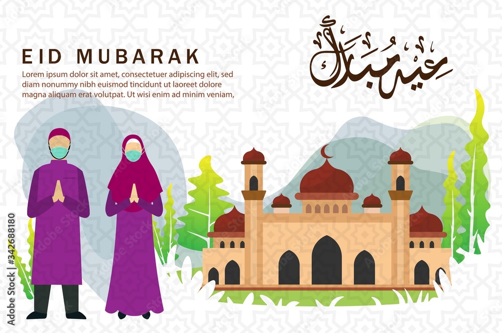 Eid mubarak greeting card background with mosques and Muslims wearing masks. Flat design vector illustration.