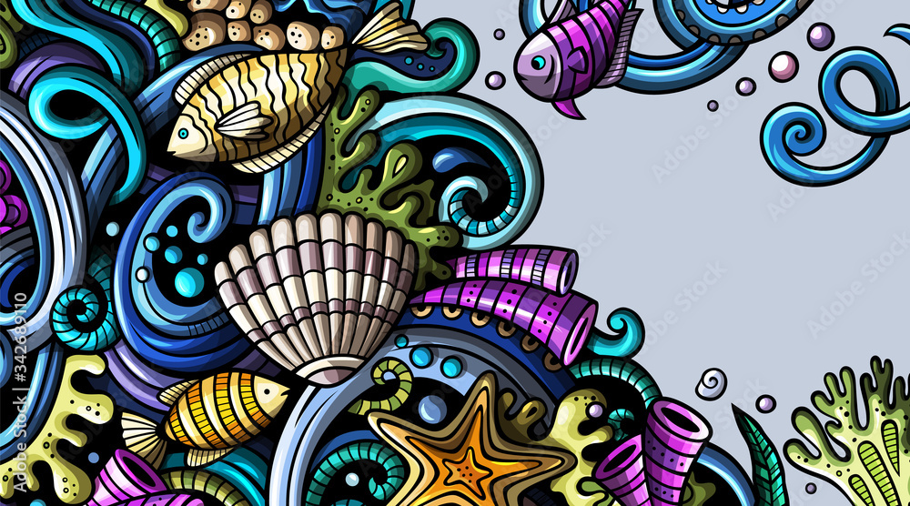 Sea life hand drawn doodle banner. Cartoon detailed flyer.