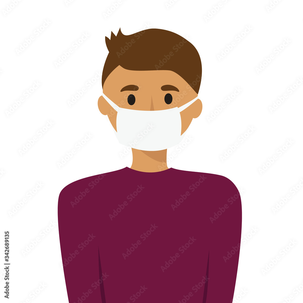 illustration of a Slavic young man in a medical mask on her face. protection against diseases, viruses, infections. healthy lifestyle. for design, articles, blog, posters.