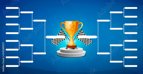 Tournament bracket template for 16 teams with golden cup winner award on blue background