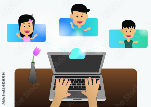 Facetime conference. Meeting work from home. Internet technology communication. Office remote team meeting. Cloud technology connected. Covid-19 virus situation. Virus outbreak. Lock down town.