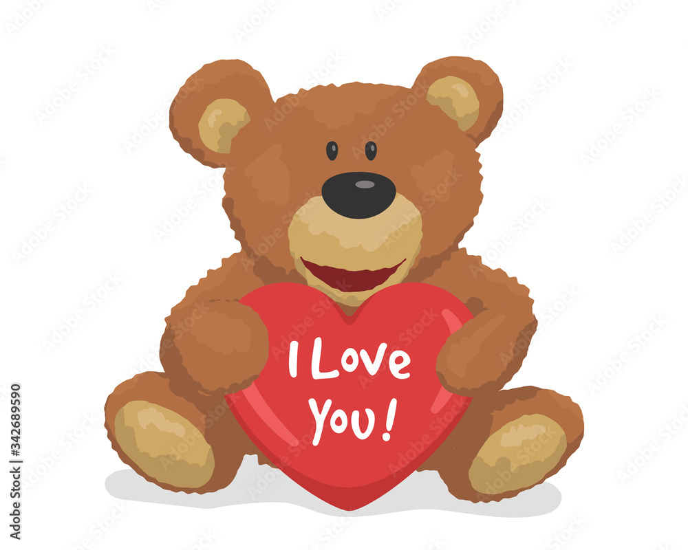 Fototapeta premium Cute teddy bear with a heart. I love you. Design element greeting card for valentines day. Vector illustration.