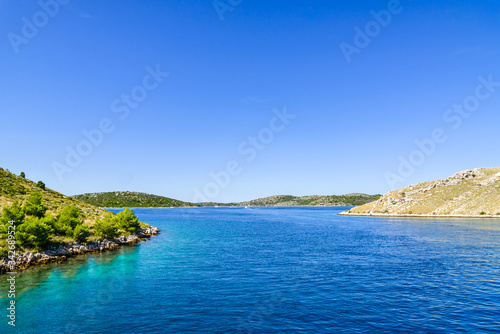 Croatian coast, scenic view. Mediterranean landscape with sea and islands. Croatia, vacation travel concept.