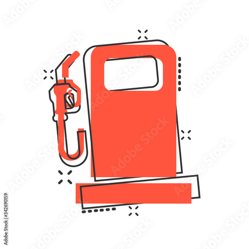 Fuel pump icon in comic style. Gas station cartoon sign vector illustration on white isolated background. Petrol splash effect business concept.