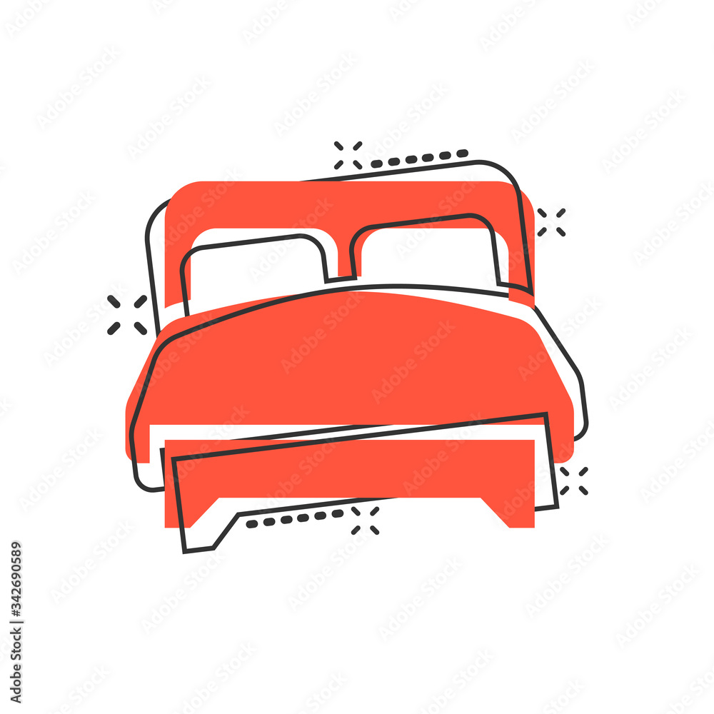 Bed icon in comic style. Bedroom cartoon sign vector illustration on white isolated background. Bedstead splash effect business concept.