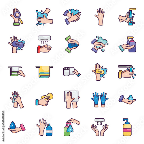 hand dryer and hand hygiene icon set, line color style