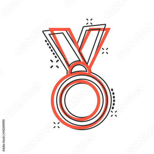 Medal icon in comic style. Prize cartoon sign vector illustration on white isolated background. Trophy award splash effect business concept.