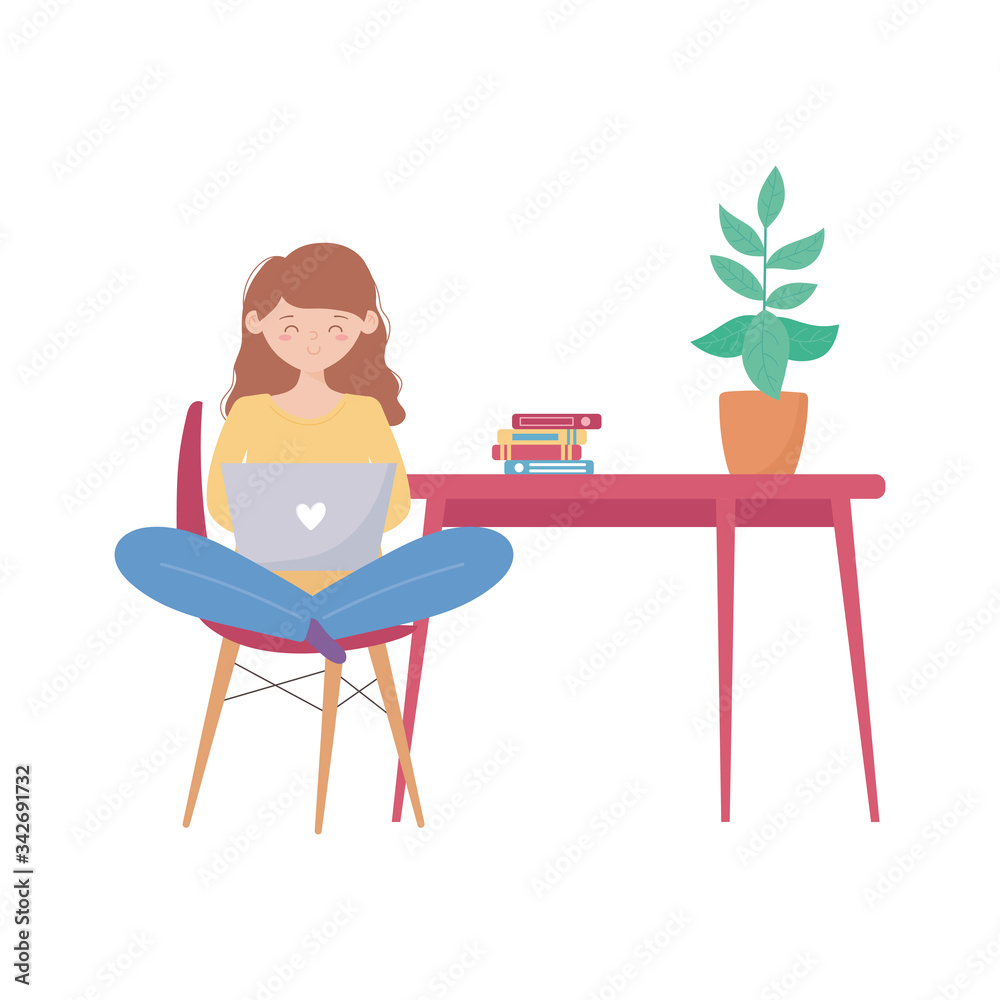 Fototapeta premium stay at home, girl using laptop with table books