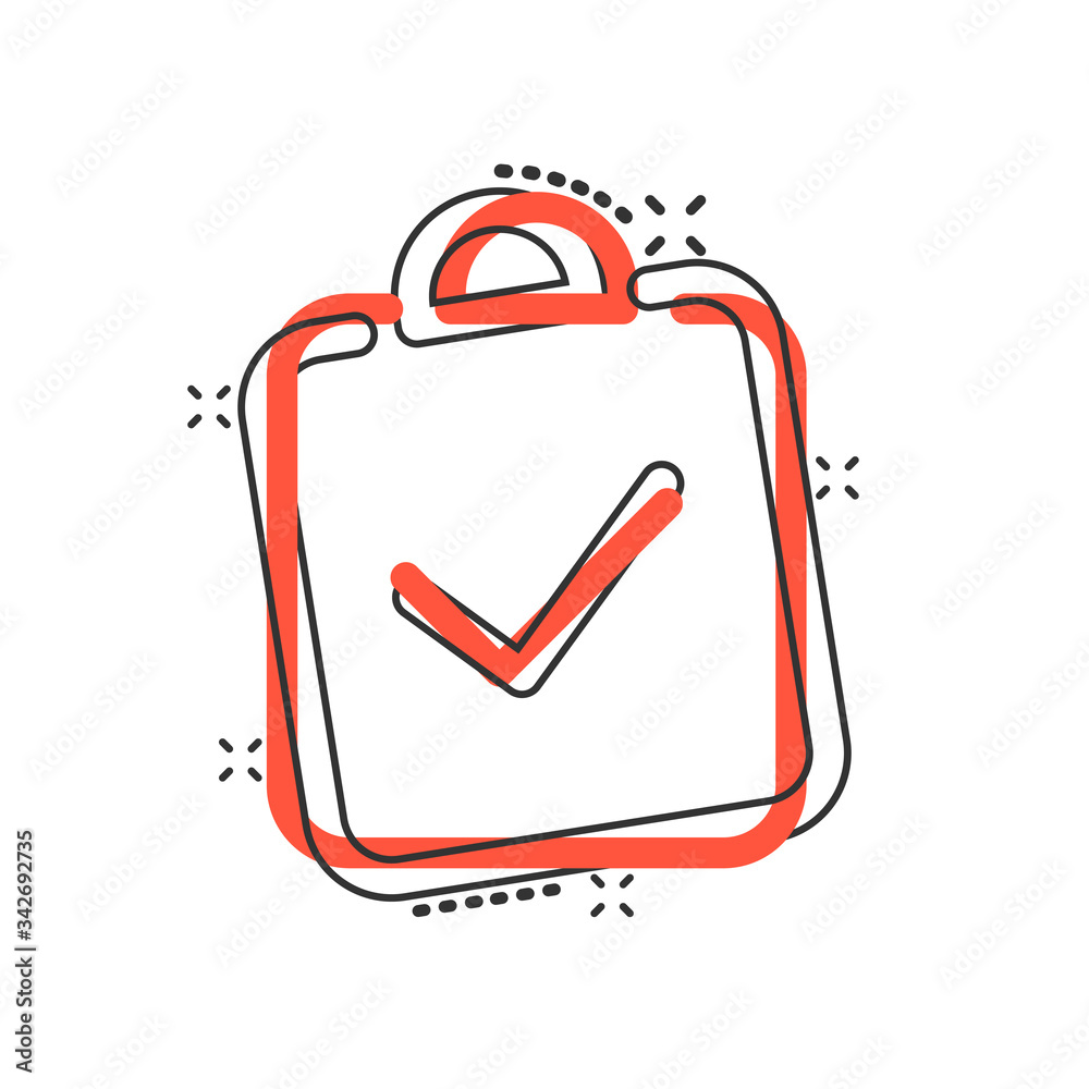 Document checkbox icon in comic style. Test cartoon vector illustration on white isolated background. Contract splash effect business concept. Document checkbox icon in comic style. Test cartoon vector illustration on white isolated background. Contract splash effect business concept.