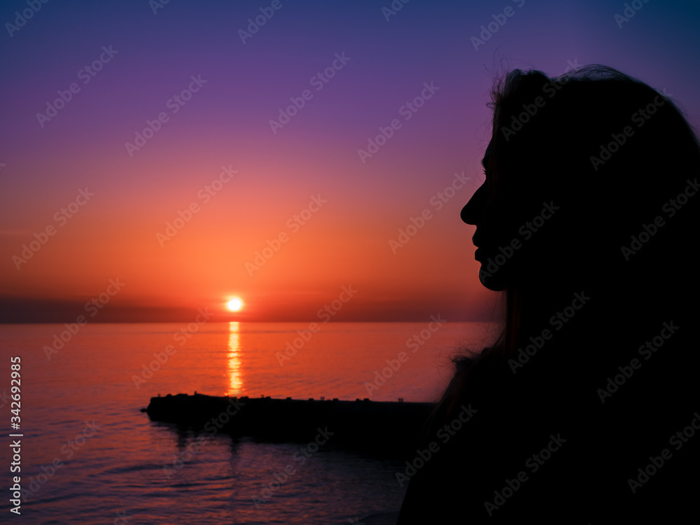The silhouette of a girl against the backdrop of a beautiful sea sunset The silhouette of a girl against the backdrop of a beautiful sea sunset