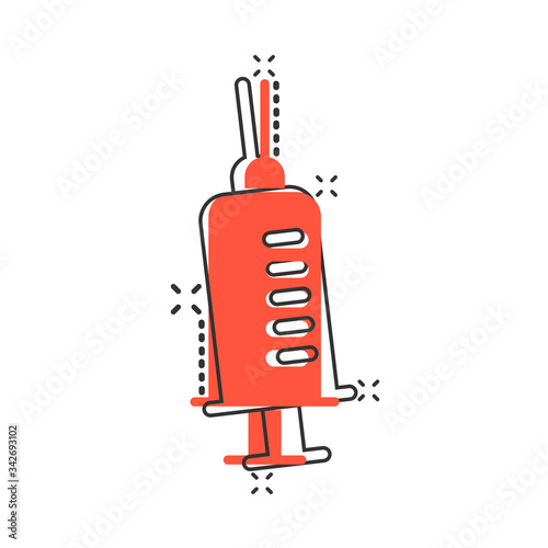 Syringe icon in comic style. Inject needle cartoon vector illustration on white isolated background. Drug dose splash effect business concept.