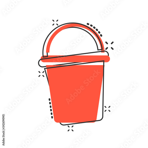 Bucket icon in comic style. Garbage pot cartoon vector illustration on white isolated background. Pail splash effect business concept.