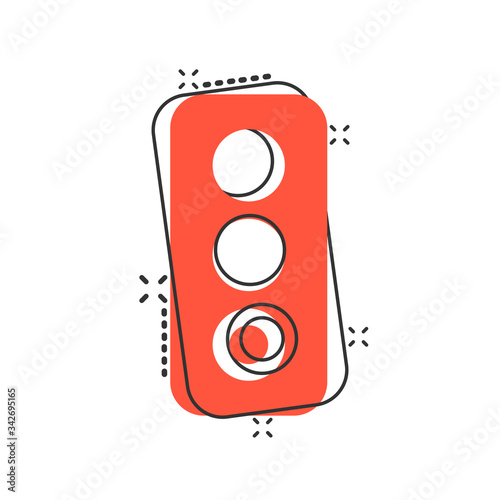 Semaphore icon in comic style. Traffic light cartoon vector illustration on white isolated background. Crossroads splash effect business concept.