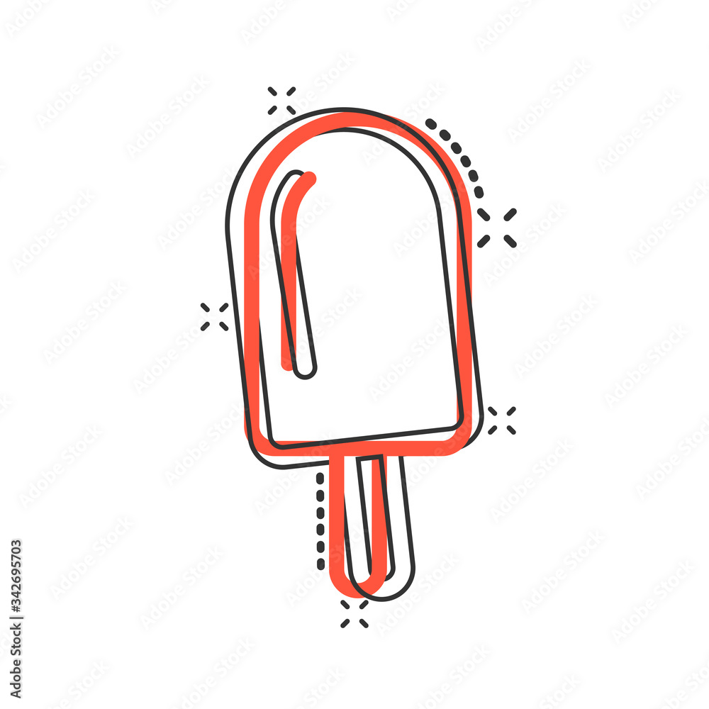 Ice cream icon in comic style. Sundae cartoon vector illustration on white isolated background. Sorbet dessert splash effect business concept. Ice cream icon in comic style. Sundae cartoon vector illustration on white isolated background. Sorbet dessert splash effect business concept.