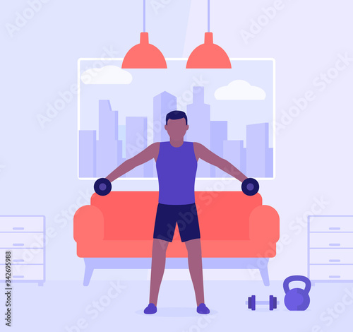 Man training shoulders at home, vector