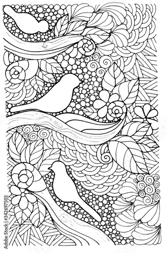ink illustration, contours bird on a branch, antistress coloring page