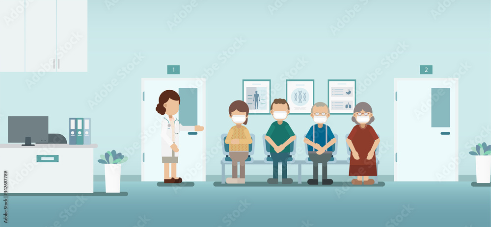 Doctor with patient in waiting area vector illustration