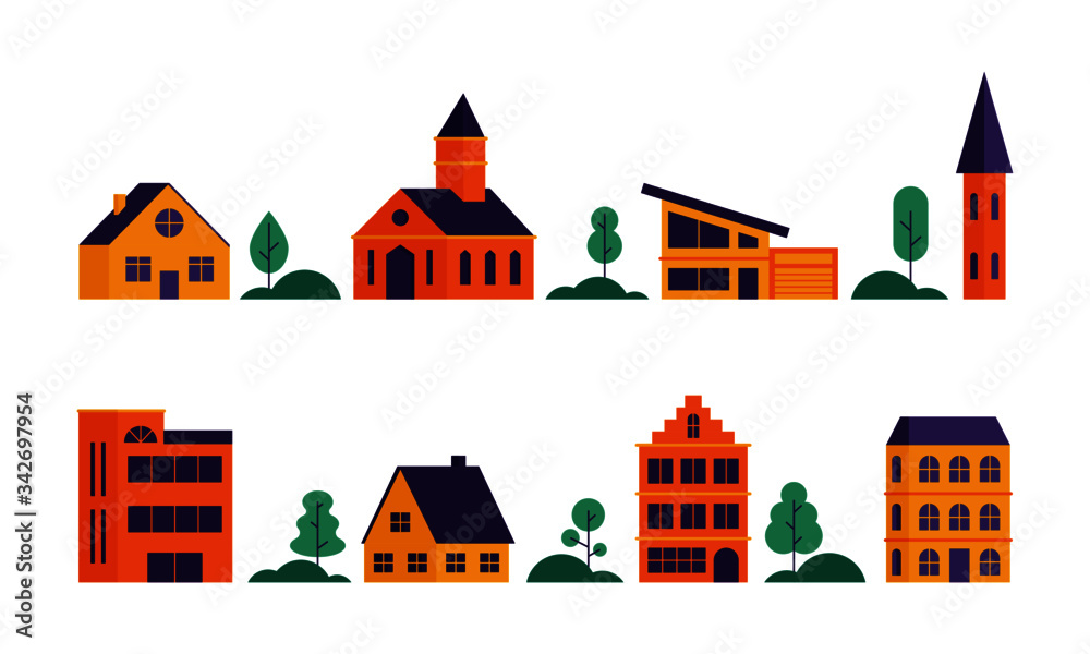 Minimal cityscape house set. Abstract city landscape flat style, simple geometric buildings with trees bushes. Design templates for banners, covers, websites. Vector illustration