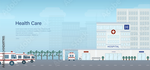 Medical banner with hospital building with ambulance vector illustration