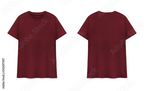 Maroon T-shirt front and back on white background. Red T-shirts