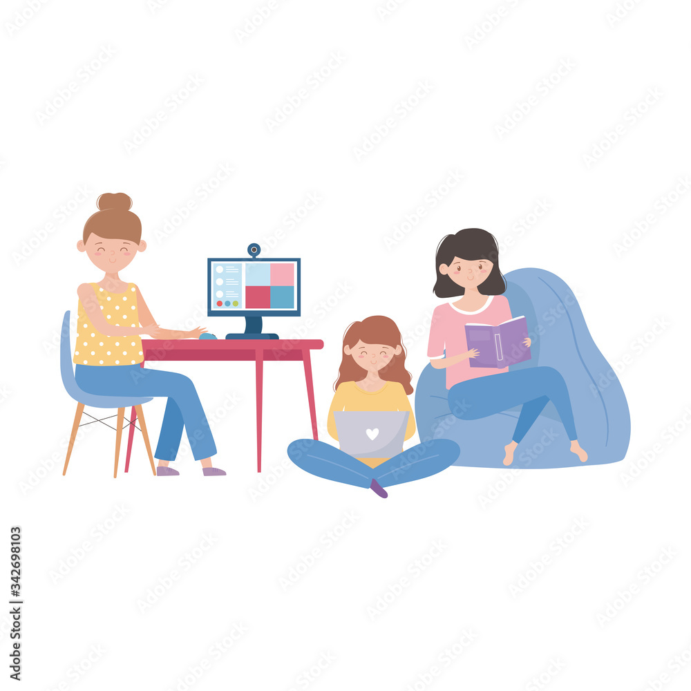 stay at home, people in online reading book and using laptop in living room stay at home, people in online reading book and using laptop in living room