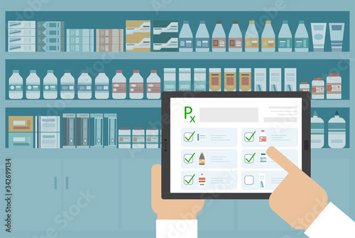 Online Pharmacy concept with prescription on digital tablet vector illustration