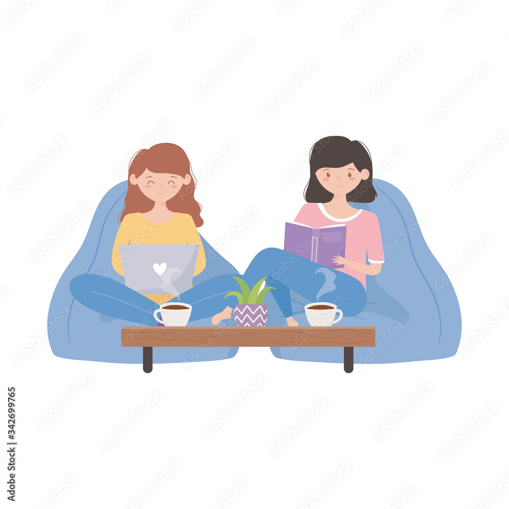 stay at home, girls with laptop and sitting on comfortable chairs