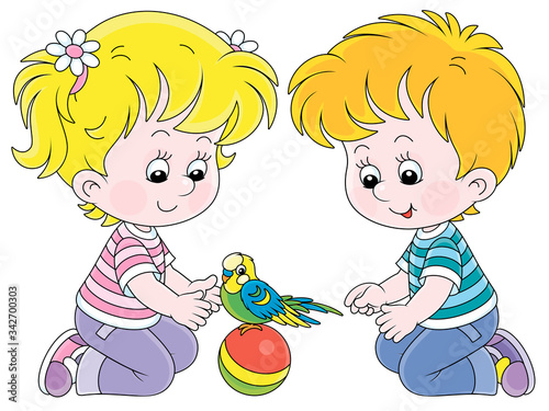 Cheerful little children playing with a funny small parrot with a colorful plumage and a long tail, vector cartoon illustration on a white background