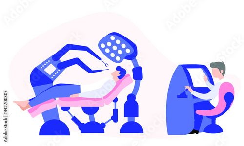 This illustration shows a modern robot dentist who treats teeth to a young man