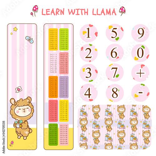 Vector set of multiplication table on bookmark (two sides), mathematical signs and numbers, cute llama, stars, plants, hearts elements. Home or school class visual, teaching aid in pink color palette