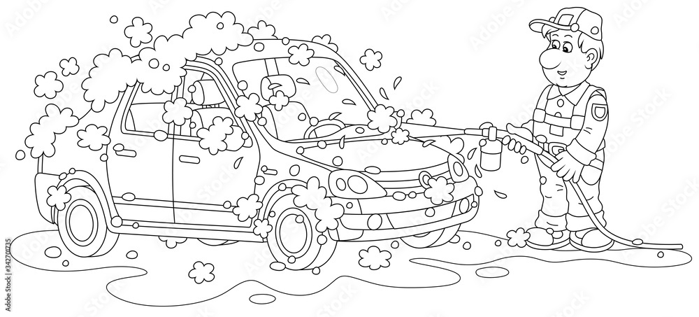 Car wash, a funny worker in uniform washing an automobile with auto