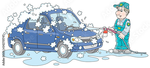 Car wash, a funny worker in uniform washing an automobile with auto shampoo and pressured water on a service station, vector cartoon illustration on a white background