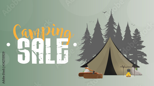 Camping sale. Green banner. Tent, Silhouette Forests, bonfire, logs, ax, tent, river, trees. Vector illustration