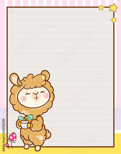 Vector printing paper note, A4 size. Lined paper blank for notebook, diary, letters, planners, notes. Kawaii anime Llama with plants on yellow-pink background, stars and mushrooms