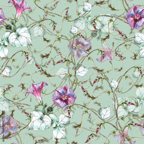 Flowers bindweed painting in watercolor on green background. Floral seamless pattern for decor. 