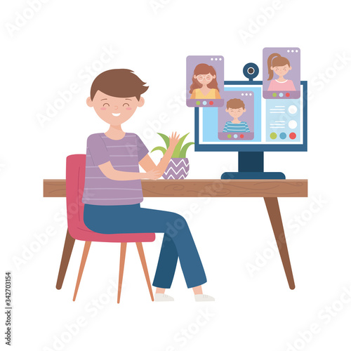 stay at home, education online boy with computer talking people