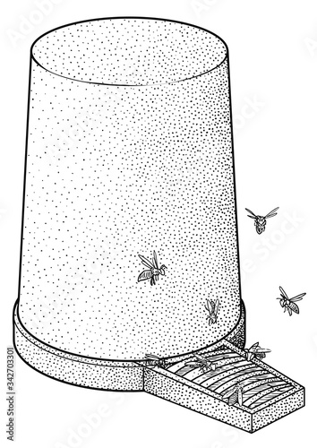 Bee feeder illustration, drawing, engraving, ink, line art, vector
