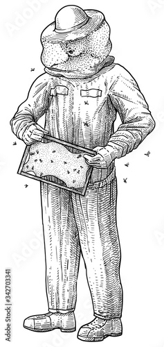 Beekeeper working illustration, drawing, engraving, ink, line art, vector
