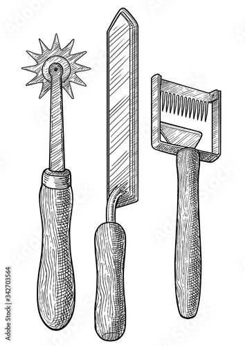 Uncapping knife and spur embedder illustration, drawing, engraving, ink, line art, vector